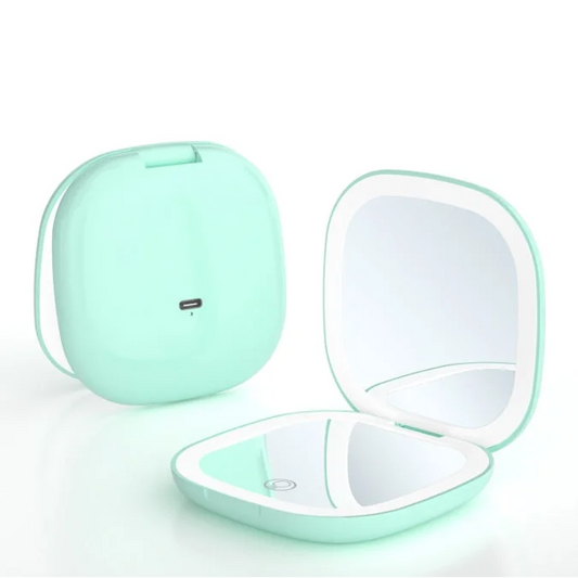 2-piece Green Portable LED Makeup Mirror - Rechargeable