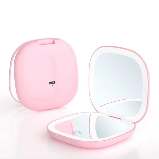 2-piece Pink Portable LED Makeup Mirror - Rechargeable
