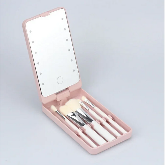 2-Piece Pink Portable LED Makeup Mirror with Brush