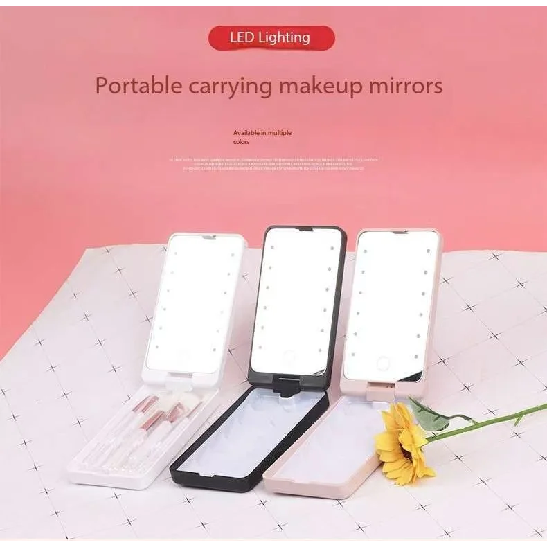 2-Piece White Portable LED Makeup Mirror with Brush