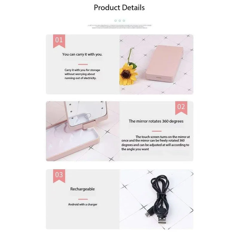 2-Piece White Portable LED Makeup Mirror with Brush