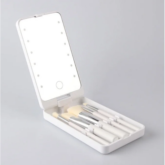 2-Piece White Portable LED Makeup Mirror with Brush