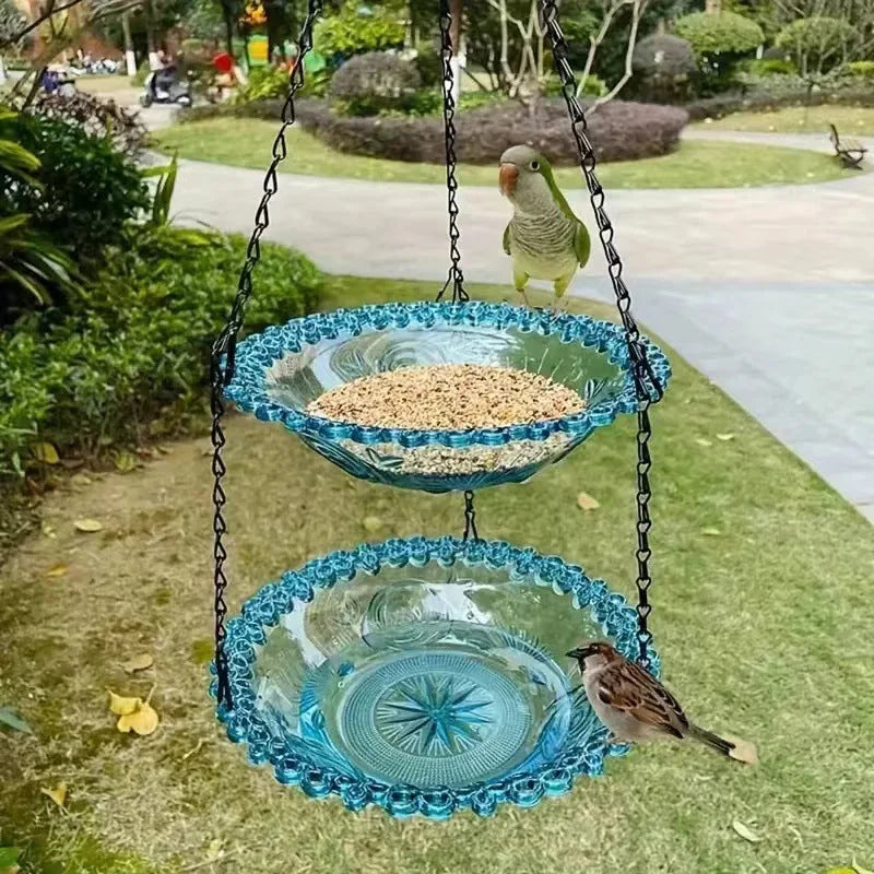 2 Set Blue Elegant Hanging Glass Bird Feeder - Double Tier