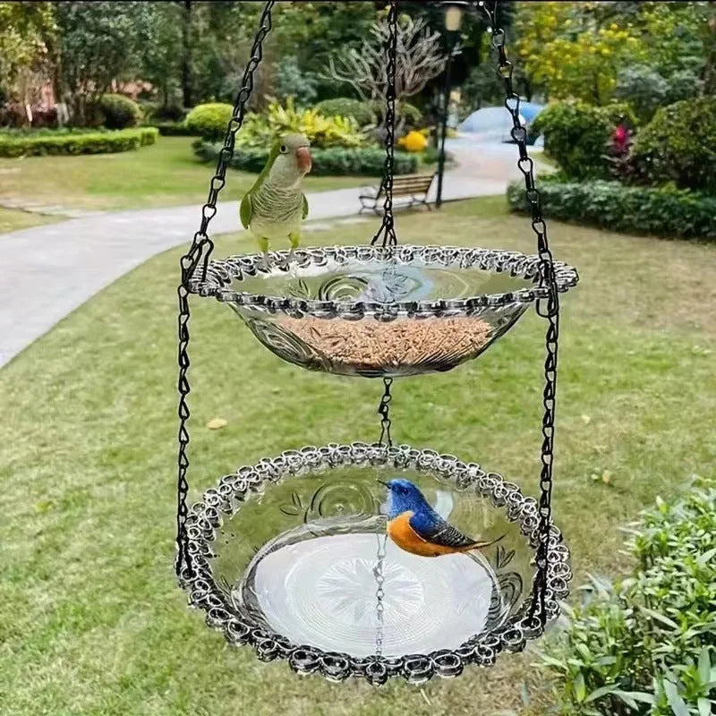 2 Set Grey Elegant Hanging Glass Bird Feeder - Double Tier