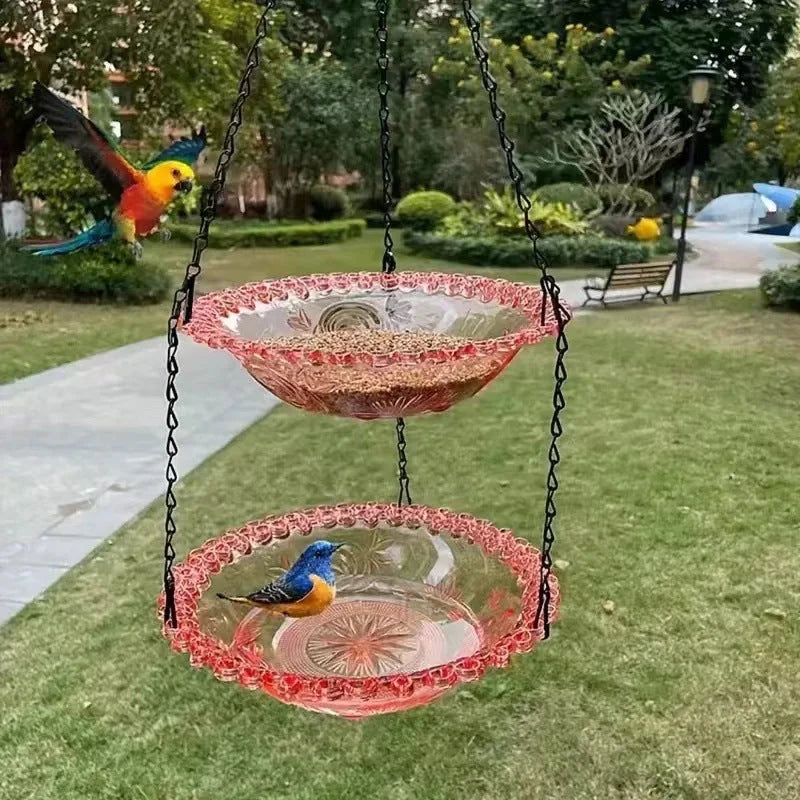 2 Set Pink Elegant Hanging Glass Bird Feeder - Double Tier