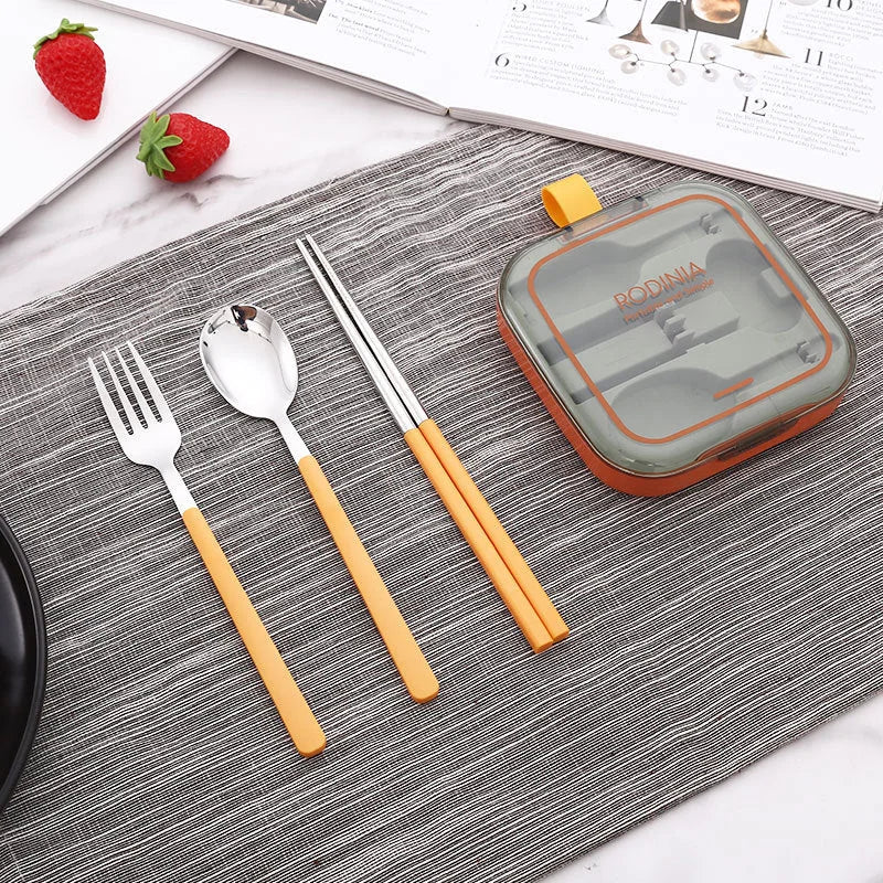 2 Sets Orange And Grey Portable Stainless Steel Cutlery Set