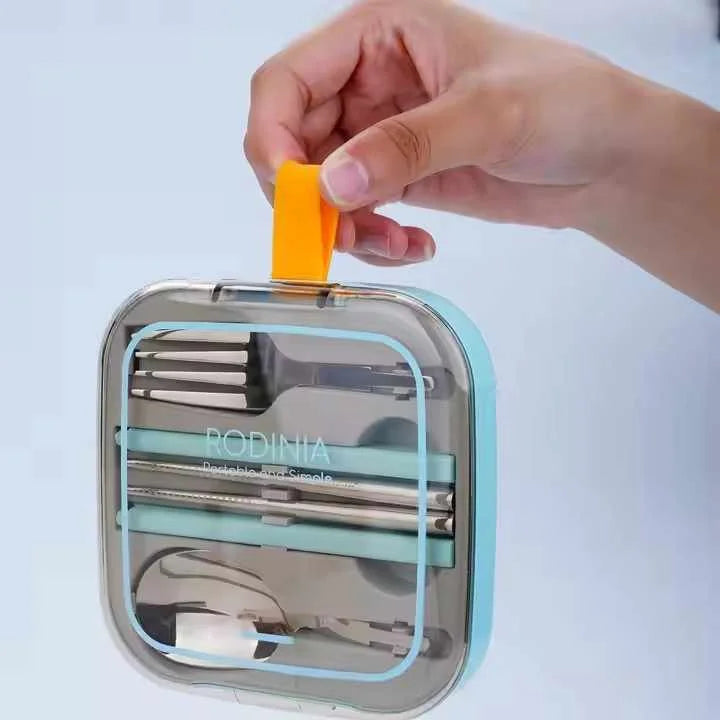 2 Sets Orange And Grey Portable Stainless Steel Cutlery Set