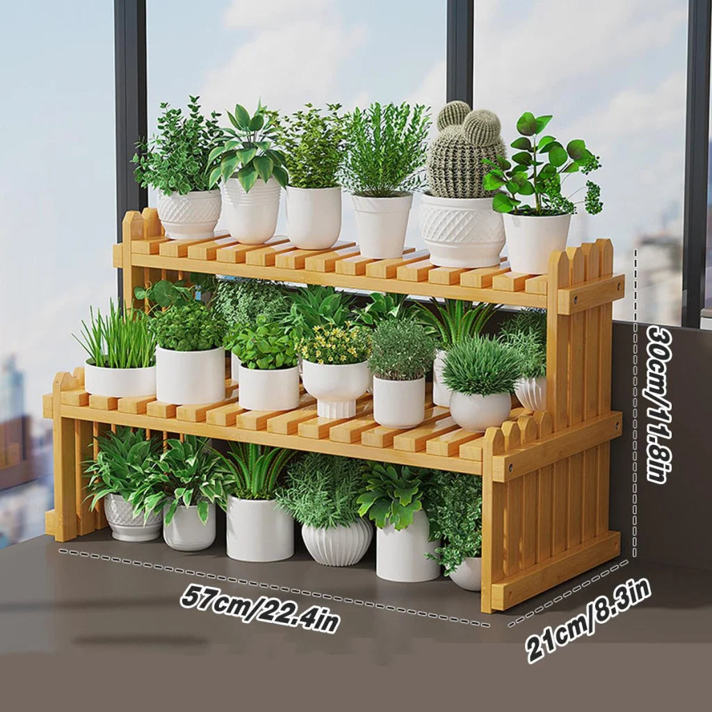 2 Tier Bamboo Plant Stand Flower Pot Rack Indoor Outdoor