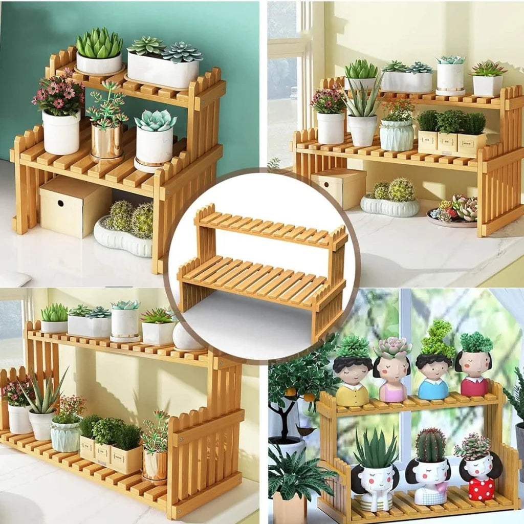 2 Tier Bamboo Plant Stand Flower Pot Rack Indoor Outdoor