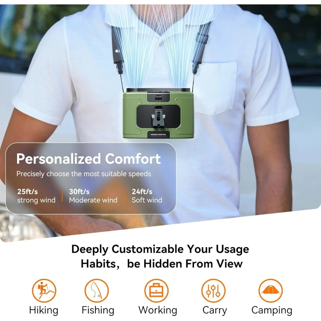 20000mAh Outdoor Portable Waist Fan Hanging Neck Fan Strong