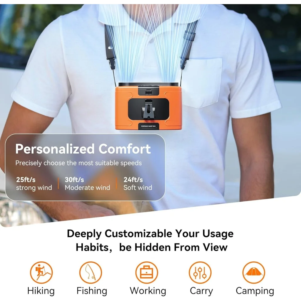 20000mAh Outdoor Portable Waist Fan Hanging Neck Fan Strong
