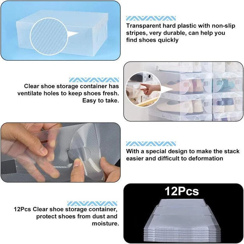 20x Clear Shoe Storage Box Foldable Stackable Plastic Boxes