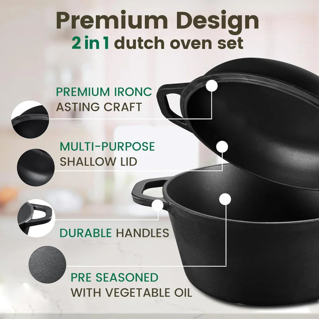 26cm 2-in-1 Cast Iron Dutch Oven & Skillet Set Pre-Seasoned