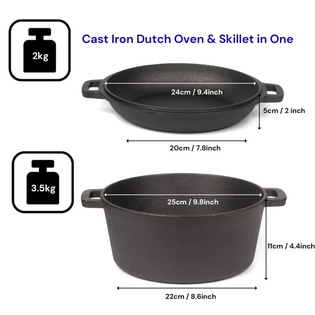 26cm 2-in-1 Cast Iron Dutch Oven & Skillet Set Pre-Seasoned