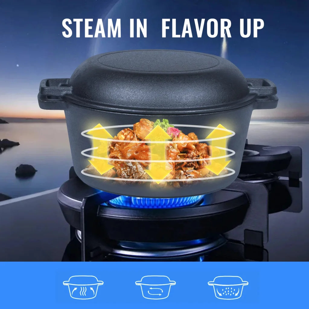 26cm 2-in-1 Cast Iron Dutch Oven & Skillet Set Pre-Seasoned