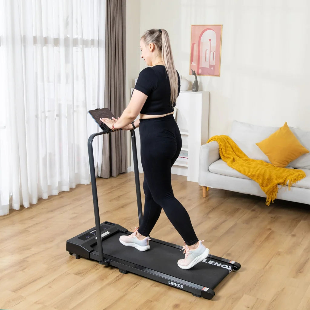 Walking pad treadmill with lower support frame and fitted legs