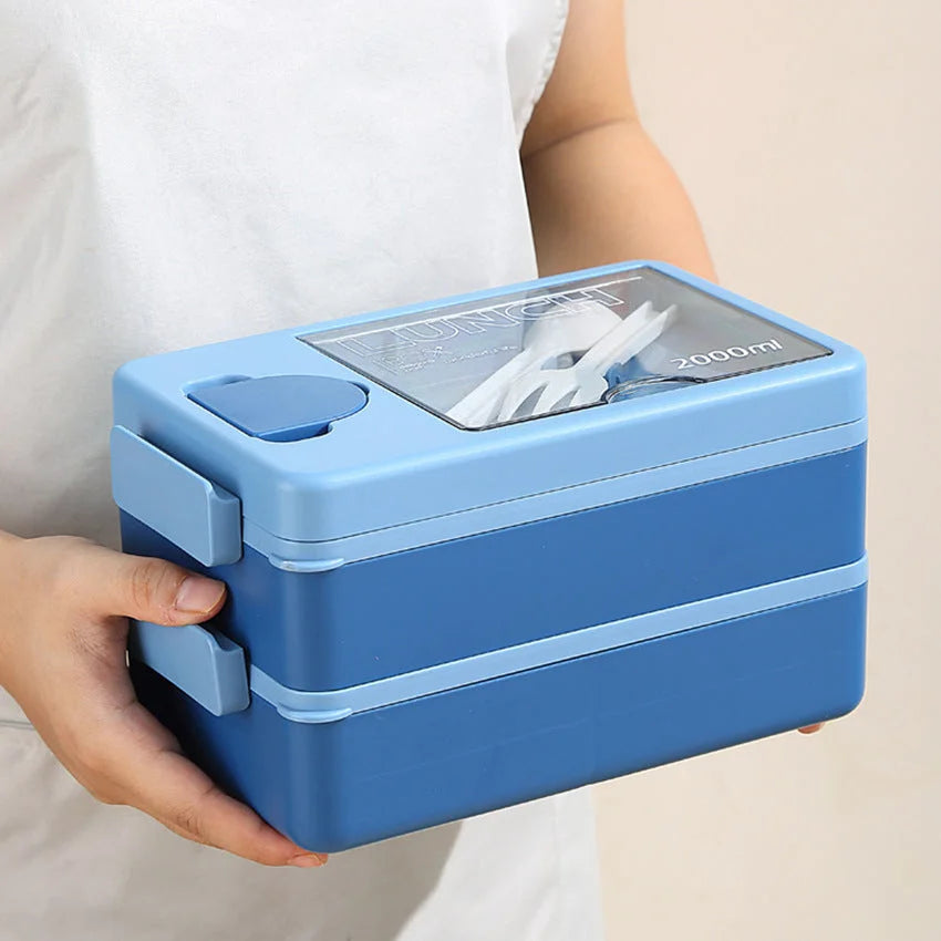 2L Double-Layer Bento Lunch Box - Leak-Proof with Utensil &