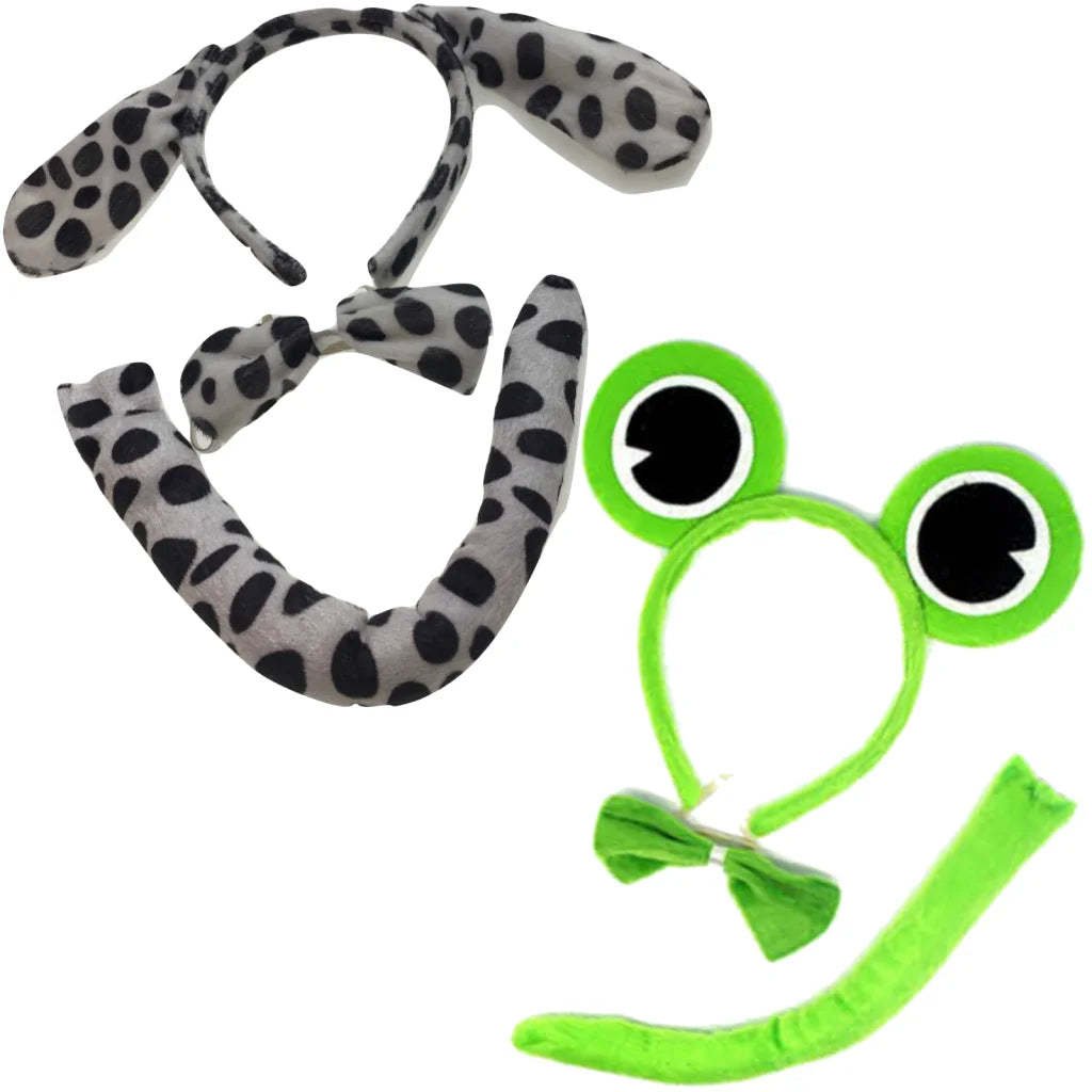 2pc Set Animal Headband w Bow Tail Dog + Frog Ears Hair
