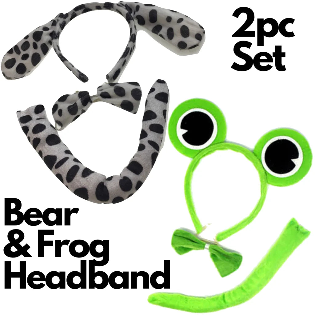 2pc Set Animal Headband w Bow Tail Dog + Frog Ears Hair