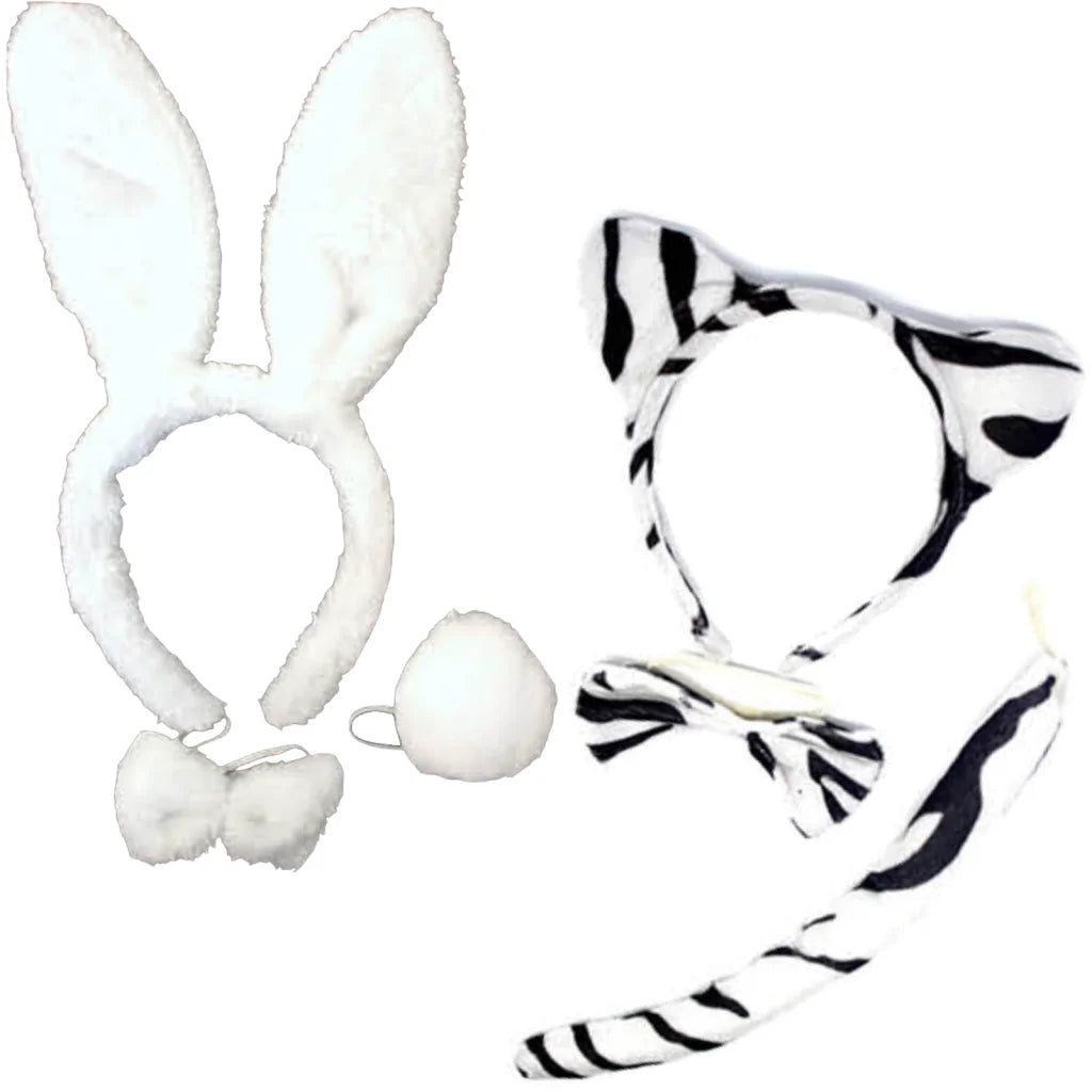 2pc Set Animal Headband w Bow Tail Rabbit + Zebra Ears