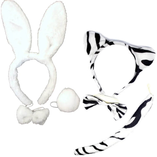 2pc Set Animal Headband w Bow Tail Rabbit + Zebra Ears