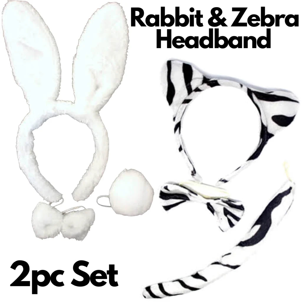 2pc Set Animal Headband w Bow Tail Rabbit + Zebra Ears
