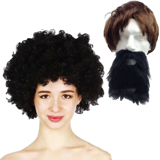 2pc Set Black Jumbo Afro Wig + Party Beard Moustache
