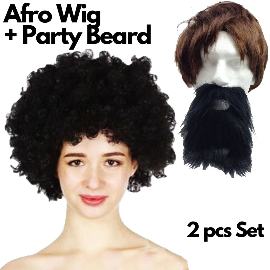 2pc Set Black Jumbo Afro Wig + Party Beard Moustache