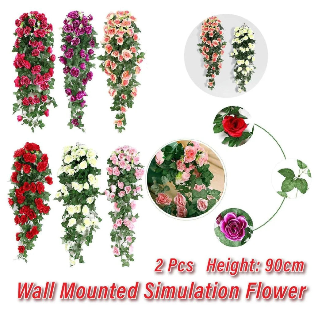 2PCS Artificial Rose Flower Garland Hanging Vine Home Wall