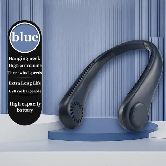 2PCS Blue Leafless Hanging Neck Fan - Rechargeable Portable