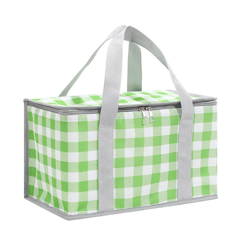 2PCS Green Insulated Picnic Lunch Bag with Checkered Design