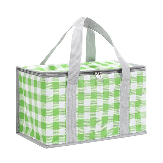 2PCS Green Insulated Picnic Lunch Bag with Checkered Design