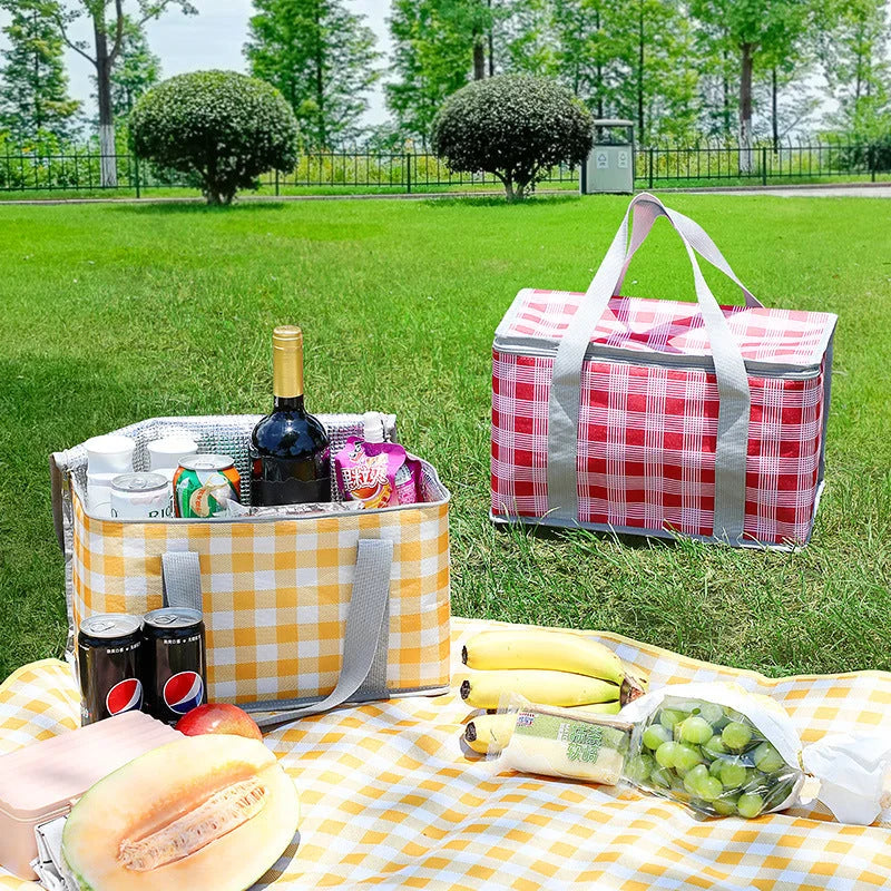 2PCS Green Insulated Picnic Lunch Bag with Checkered Design