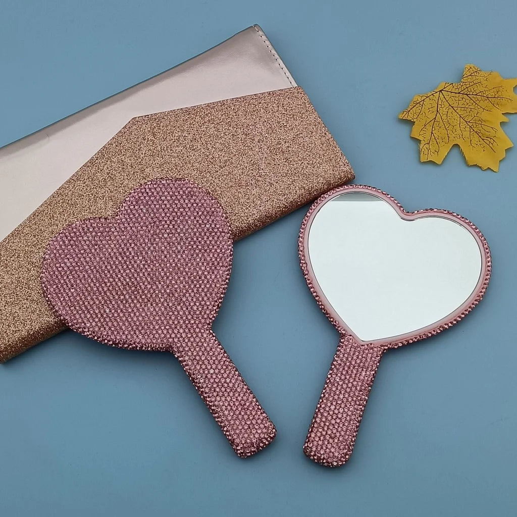 2PCS Pink Glamorous Diamond-Encrusted Heart Handheld Mirror