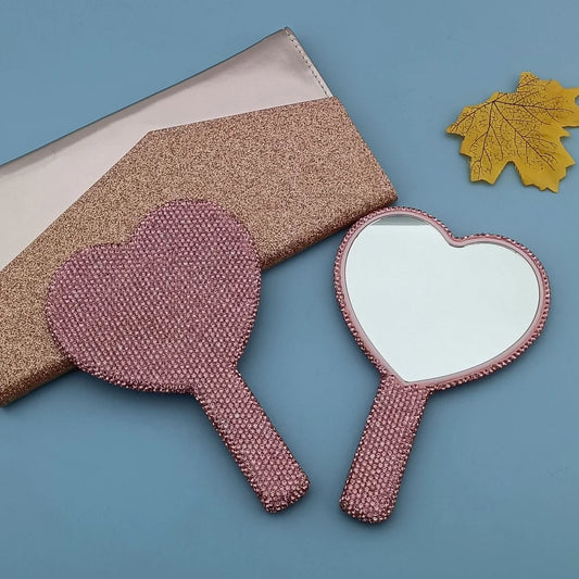 2PCS Pink Glamorous Diamond-Encrusted Heart Handheld Mirror