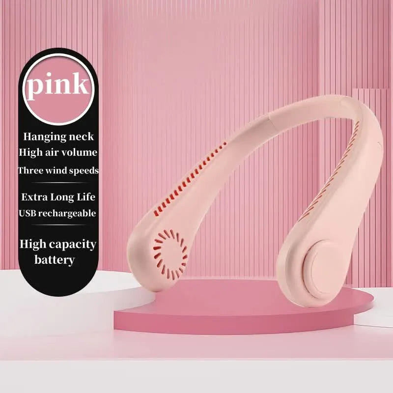 2PCS Pink Leafless Hanging Neck Fan - Rechargeable Portable
