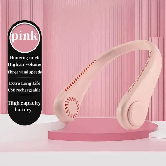 2PCS Pink Leafless Hanging Neck Fan - Rechargeable Portable