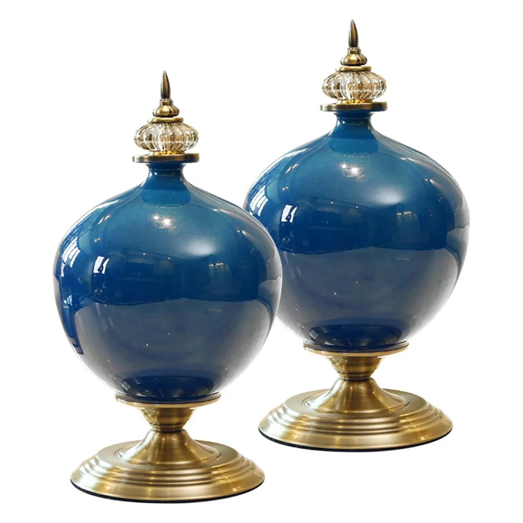 2X 38cm Ceramic Oval Flower Vase with Gold Metal Base Dark Blue - Premium