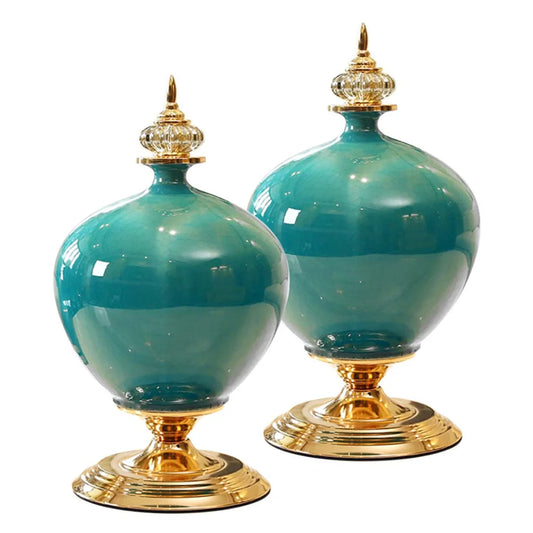 2X 38cm Ceramic Oval Flower Vase with Gold Metal Base Green - Premium