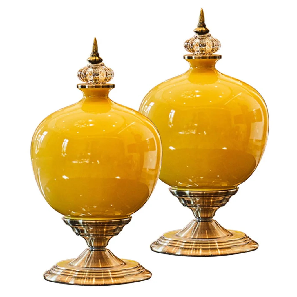 2X 38cm Ceramic Oval Flower Vase with Gold Metal Base Yellow - Premium