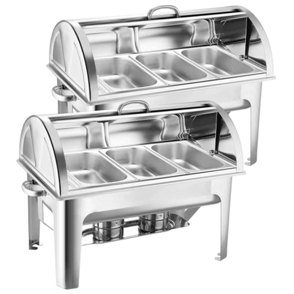 2X 3L Triple Tray Stainless Steel Roll Top Chafing Dish Food Warmer - Premium