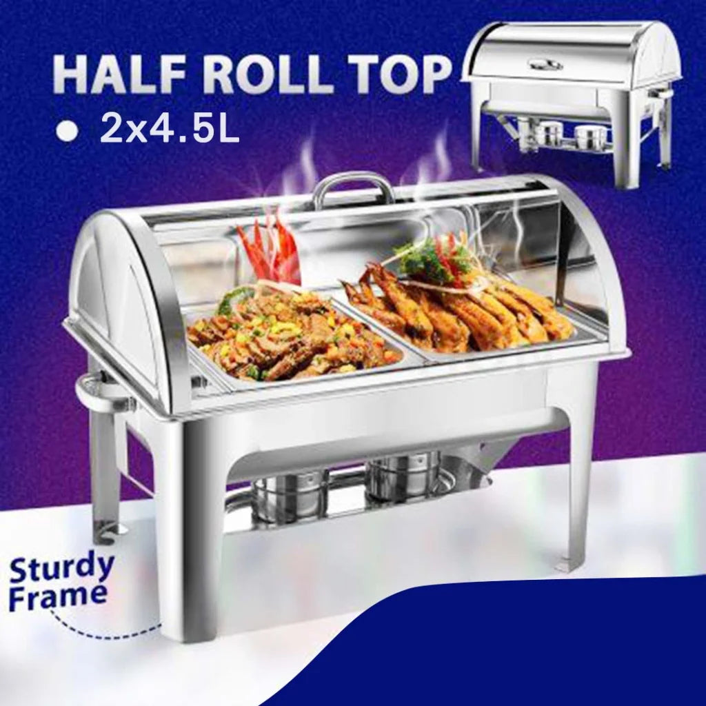 2X 4.5L Dual Tray Stainless Steel Roll Top Chafing Dish Food Warmer - Premium