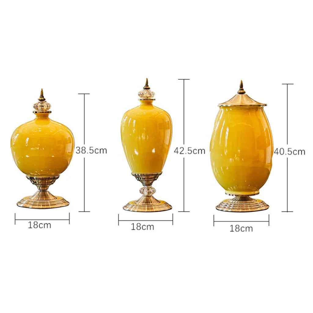 2X 40cm Ceramic Oval Flower Vase with Gold Metal Base Yellow - Premium