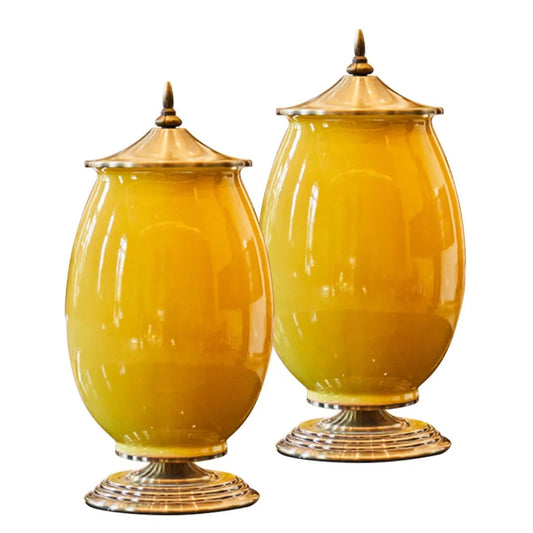 2X 40cm Ceramic Oval Flower Vase with Gold Metal Base Yellow - Premium