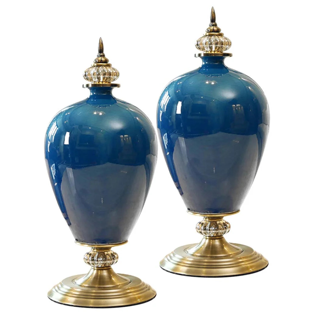 2X 42cm Ceramic Oval Flower Vase with Gold Metal Base Dark Blue - Premium