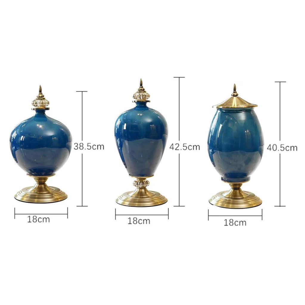 2X 42cm Ceramic Oval Flower Vase with Gold Metal Base Dark Blue - Premium