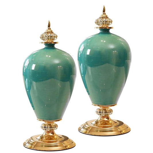 2X 42cm Ceramic Oval Flower Vase with Gold Metal Base Green - Premium