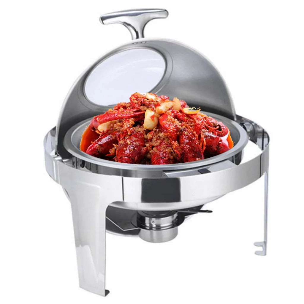 2X 6L Round Chafing Stainless Steel Food Warmer with Glass Roll Top - Premium