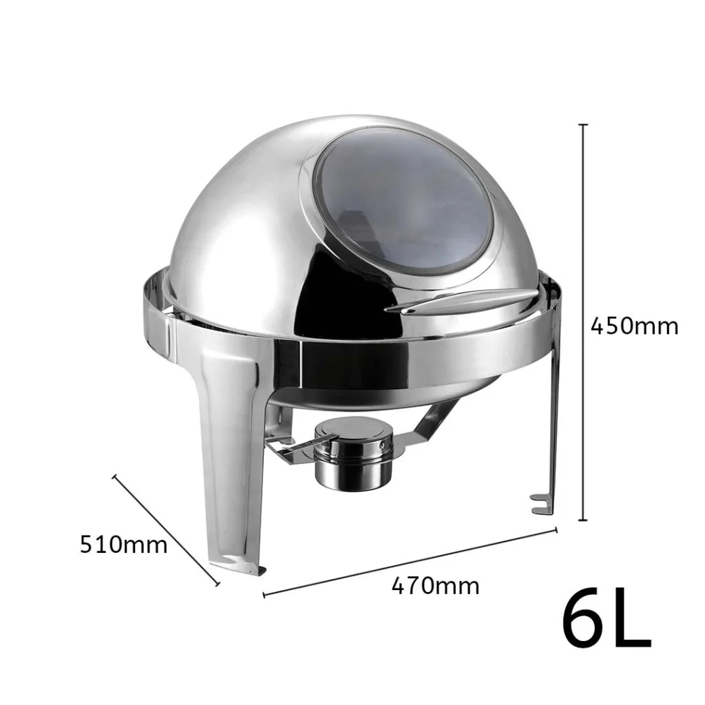 2X 6L Round Chafing Stainless Steel Food Warmer with Glass Roll Top - Premium