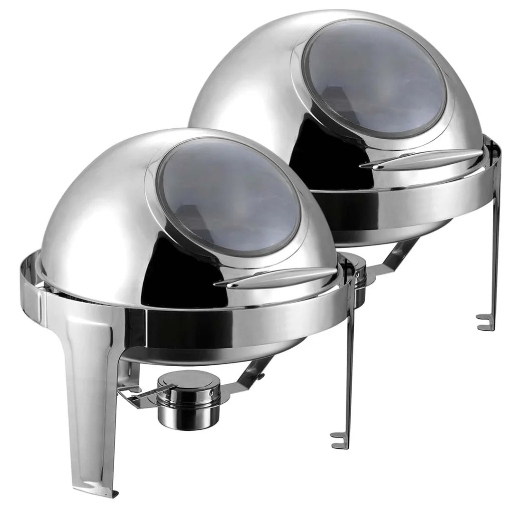2X 6L Round Chafing Stainless Steel Food Warmer with Glass Roll Top - Premium